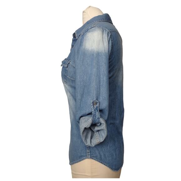 NOBLE U Long Sleeve Denim Shirt Button Down Chambray Jean Top Size S Cowboy - Picture 7 of 11